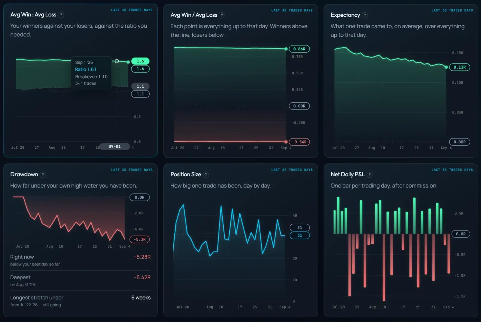 Six charts from the journal: average win to average loss, expectancy, drawdown, position size and net daily profit and loss over the last thirty traded days