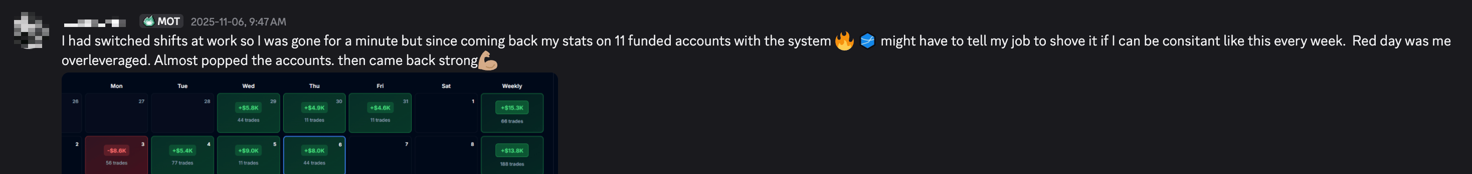 Discord post: weekly calendar across eleven funded accounts including a red day, ending green
